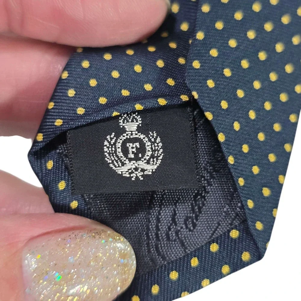 Faconnable Silk Polka Dot Necktie Navy‎ Blue Yellow Handmade Made in France